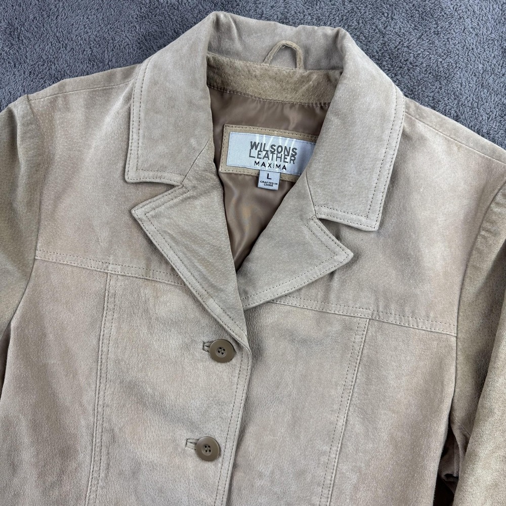 Wilsons‎ Leather Maxima Jacket Womens L Tan Beige Suede Button Front Blazer